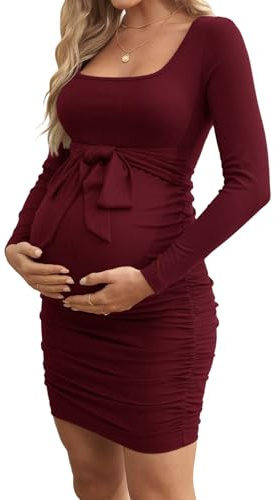 GORGLITTER Robe de maternité en tricot avec nœuds, manches longues, robe de loisirs, courte, moulante, robe de maternité, robe pour femmes enceintes, bordeaux, M