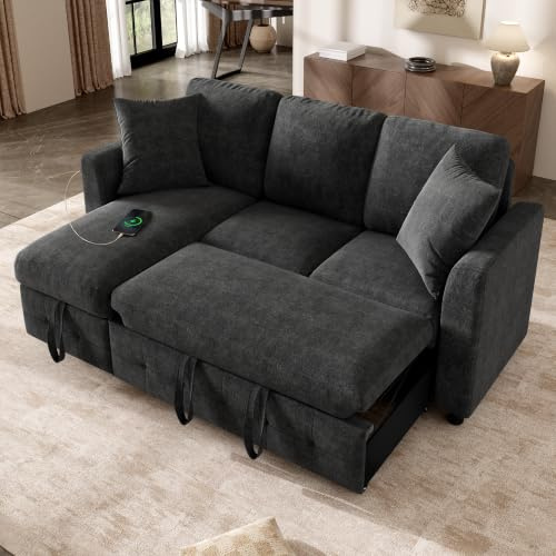 BTM Convertible Corner Sofa Bed 3 Seater with Storage Chaise Lounges & Cushions Chenille L Shaped Sofa Couch Grey
