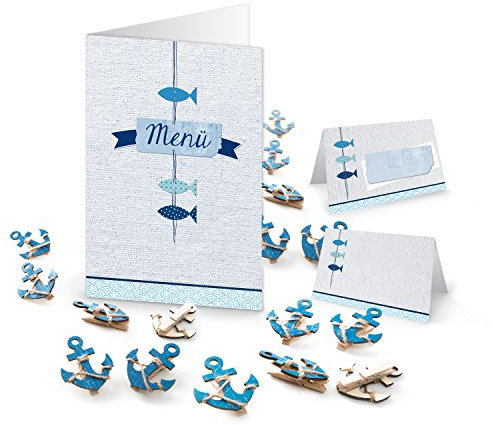 Logbuch-Verlag 10 Menükarten + 25 Tischkarten SET Anker blau Tischdeko Klammern mini Holzanker Tischdeko maritim Deko Kommunion Segler Geburtstag 59 Teile