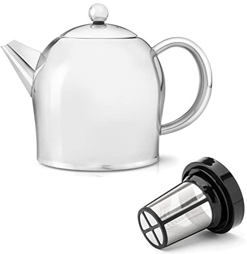 Teekanne Set 1.0 Liter - Edelstahl glänzend doppelwandig - Großer Teebereiter mit Tee-Filter-Sieb-Aufsatz für losen Tee
