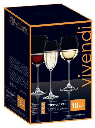 Nachtmann - Geschenkset mit 18 Gläsern aus Kristallglas, Kollektion Vivendi - 6 Rotweingläser, 6 Weißweingläser, 6 Champagnergläser - Spülmaschinenfest