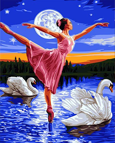 WOWDECOR DIY Malen nach Zahlen für Erwachsene Kinder Mädchen, Ballett Mädchen Schwanensee Mond 40x50cm Vorgedruckt Leinwand-Ölgemälde (ohne Rahmen)