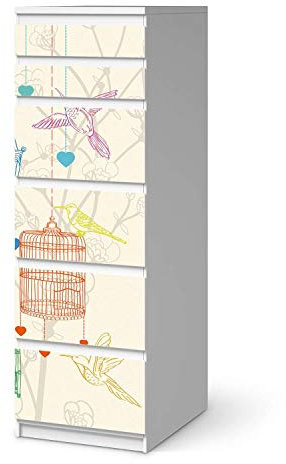 Möbeltattoo passend für IKEA Malm Kommode 6 Schubladen (schmal) I Möbeldekoration - Möbel-Aufkleber Folie Tattoo I Deko DIY für Schlafzimmer, Wohnzimmer - Design: Birdcage