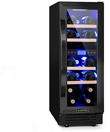 KLARSTEIN Vinoteca, Nevera para Vinos con 2 Zonas Refrigeración, Botellero Puerta Cristal para Vino, Proseco, Expositor Interior y Exterior, Panel Táctil, 53 L., Vinoteca Capacidad 17 Botellas