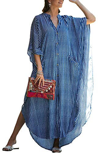 Orshoy Women Oversize Kimono Kaftan Tunic Dress Maxi Beach Cover Up Swimsuit Swimwear Bathing Suit Blue