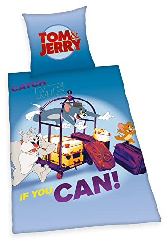 Herding Tom & Jerry Bettwäsche-Set, Kopfkissenbezug 80 x 80 cm, Bettbezug 135 x 200 cm, Mit Knopfleiste, 100% Baumwolle/Linon