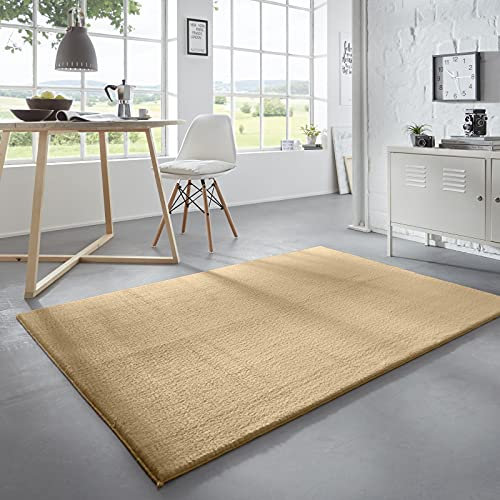 Taracarpet Waschbarer Flauschiger Uni Kurzflor Teppich, Anti-Rutsch, Felloptik, Super Soft Gold 120x170 cm