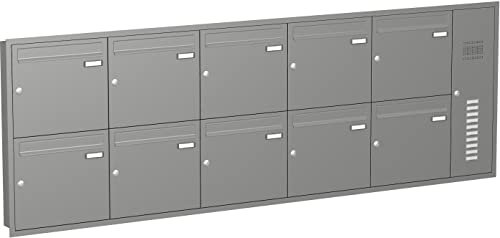 Briefkastenanlage Unterputz mit eckiger Verkleidung und Klingeln Modell U3 Farbe RAL 9007 Graualuminium, Größe mit 10 Briefkästen