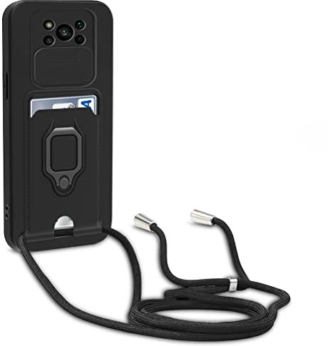 yanasuo Schiebe Kameraschutz Silikon Handykette Hülle kompatibel mit Xiaomi Poco X3 NFC/Poco X3 Pro, Metall Ring Halter Handy Cover,Verstellbarer Halskette Handyhülle-Schwarz