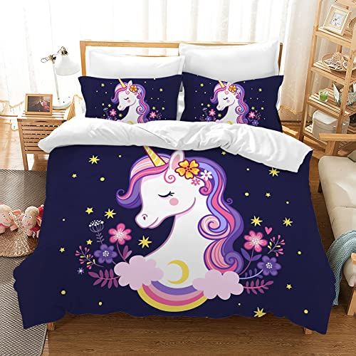 PQCXXA Kinder Einhorn Bettwäsche Mädchen-Bettwäsche Set Rosa 3D Cartoon Einhorn Bunt Blume drucken Bettbezug Set mit Reißverschluss und Kissenbezug 50x75cm (135x200 cm, G)