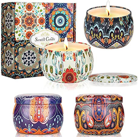 Scented Candles Gift Set for Women, 4 Pack Natural Soy Wax Aromatherapy Vanilla,Lavender,Rose,Jasmine 4.4 Oz Travel Tin Fragrance Relaxing Stress Relief Aroma Home Yoga