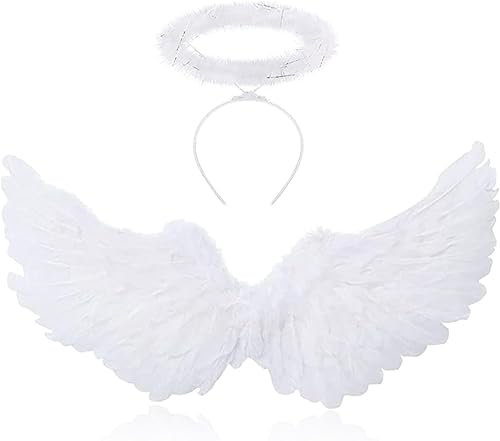 YeahBoom 60 cm alas de ángel blancas con aureola, alas de ángel, alas de pluma, alas de ángel, alas de ángel para mujeres y niñas, disfraz de fiesta de disfraces