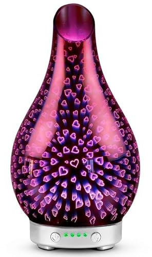 Bravich Desire Hearts Aroma Glass Vase Humidifier- Quiet Water Diffuser For Home: Bedroom, Office, Living Room & More. With Multi-Colour Night Light & Timer. Add Essential Oil To Purify Air