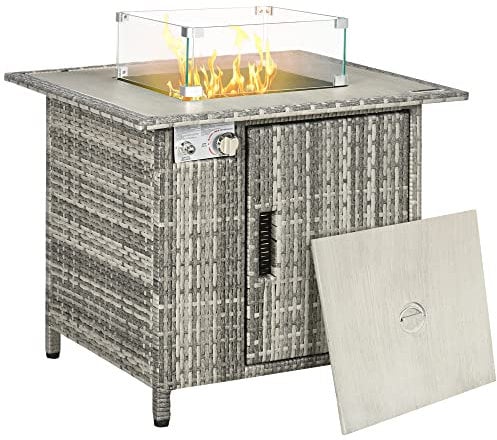 Outsunny Outdoor PE Rattan Gas Fire Pit Table, Patio Square Propane Heater with Rain Cover, Glass Windscreen, and Lava Stone, 50,000 BTU, Grey