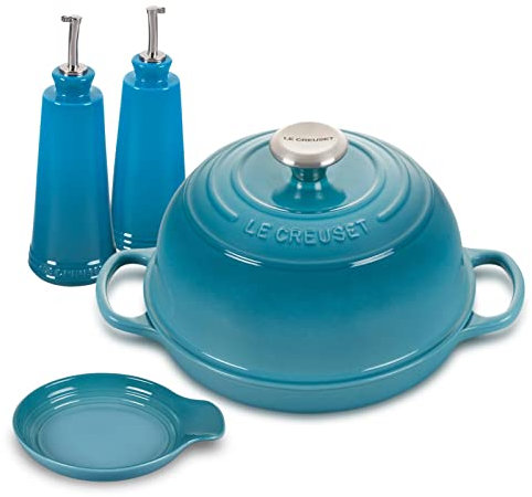 Le Creuset Four à pain en fonte émaillée avec ensemble huile et vinaigre et repose-cuillère - Caraïbes - 24 cm