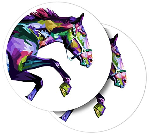 Vinyl Round Stickers (Set of 2) 10cm - Colourful Horse Jumping Pony Horses for Laptops, Tablets, Luggage, Scrap Booking, Fridges #52724