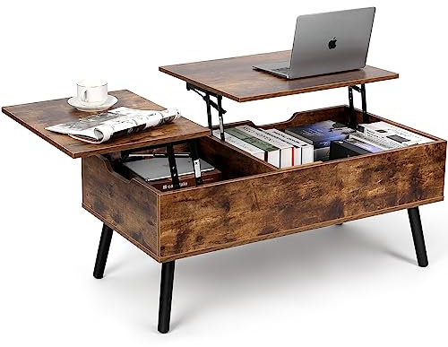 VOWNER Mesa de Centro, Mesa de Centro Regulable en Altura, Extraíble, Extensible, Compartimento de Almacenaje Oculto Independiente, Tablero Elevable Doble, Mesa de Sofá de Salón, Marrón Retro