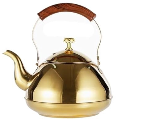 AMYSTY Stovetop Teapot Tea Kettle Whistling Kettle, Stainless Steel, 2L, Gold, Anti-scald Handle, Wood, Nylon Handle, Whistles When Water Boils