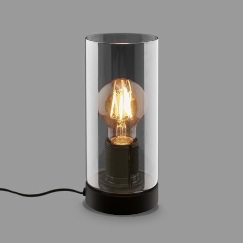 BRILONER – Nachttischlampe, Rauchglas, Kabelschalter Schreibtischlampe, Tischlampe E27 für Home Office, Leselampe, Schwarz, Zylinder - Form, 7616015