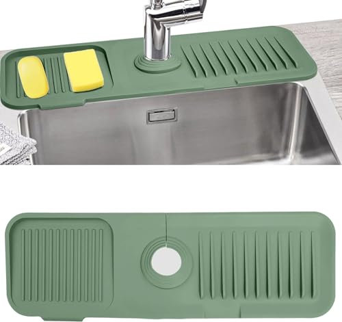 Hayagive Sink Faucet Mat with Slope for Self Draining Silicone Sink Splash Guard as Soap Dish & Sponge Holder Faucet Handle Drip Catcher Tray for Kitchen Counter Bathroom (Green)