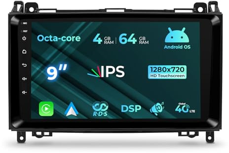 Autoradio für Mercedes Benz A Klasse W169 B Klasse W245 V Class W639 Vito Viano W906 Sprinter, Android 14 9 Zoll Radio mit Navi Carplay Android Auto WiFi,4G BT FM,RDS DBA+(Octa-Core, 4G RAM+64G ROM)