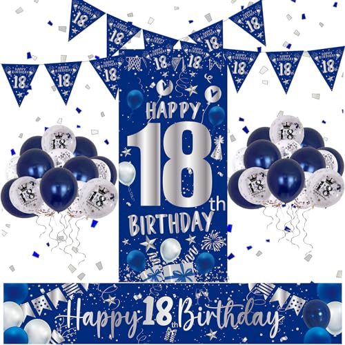 18 Geburtstag Deko Blau und Silber, Deko 18. Geburtstag Mädchen Mädchen mit Geburtstagsdeko 18 Konfetti Luftballons, “Happy 18th Birthday” Lange Banner und Banner Hintergrund