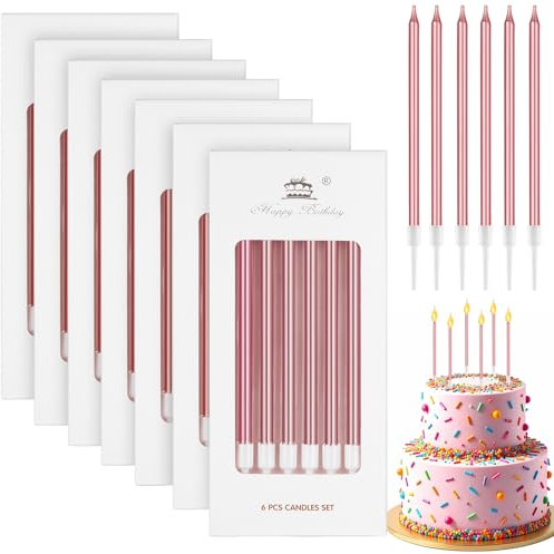 Annickee 42 Stück Geburtstagskerzen, 5.5in Kerzen Geburtstag, Lange Dünne Tortenkerzen für Dekorative mit Haltern Für Geburtstagskerzen Kinder, Birthday Candles für Hochzeitsparty (Roségold)