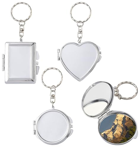 SUNNYCLUE 1 boîte de 3 porte Clés Miroir en Forme de Cœur Ronds Double Face Rectangulaires en Métal Argenté pour Voyage Maquillage Compacts pour Femmes Bricolage Sacs à Main Fournitures D'Artisanat po
