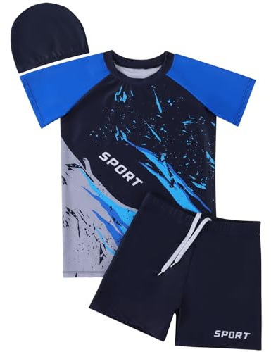 Valcatch Boys Swimming Costume 3 Piece Short Sleeve Swim Set, Ages 6-15Y | Sun Protection Rash Vest Swim Shirt, Trunks & Cap. Quick Dry Summer Swimsuit & Bathing Suit for Beach, Surf & Water Sports