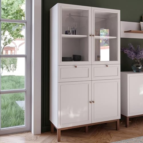 Forte PENKRIDGE Highboardvitrine 100, Landhaus Vitrine mit 4 Türen und 2 Schubladen, Glas, Wohnzimmer, Esszimmer, Secret Grey mit Schlammeiche Holzdekor, 99,9 cm breit x 184,6 cm hoch x 41,7 cm tief