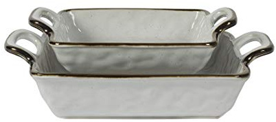 Tabletops Gallery Geneva Serveware Collection- Farmhouse White Brown Stoneware Serving Bowl Platter, 2 Piece Nesting Square Baking Dish Set