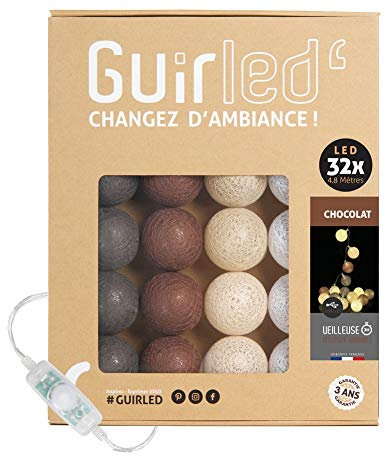 GuirLED - LED Baumwollkugeln Lichterkette USB - Baby Nachtlicht 2h - Dual USB 2A Netzteil enthalten - 3 Intensitäten - 32 Kugeln 3.2m - Schokoladenbraun