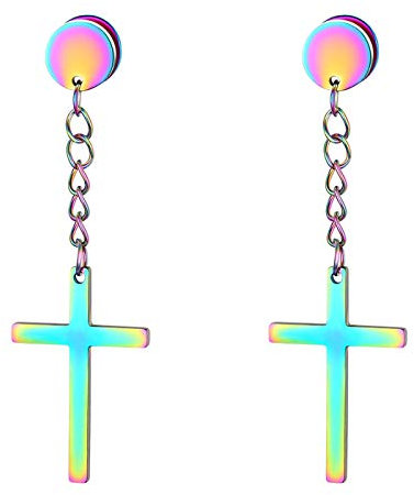 JewelryWe Schmuck Kreuz Ohrringe Edelstahl Fakeplugs Fake Plug Tunnel Ohrstecker Ohrhänger Ohr-Piercings mit Baumelnde Kruzifix Anhänger für Herren Damen, Bunt Mahrfarbig
