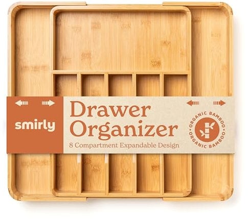 SMIRLY Kitchen Drawer Organizer - Utensil Tray Drawer Organizer, Silverware Tray for Drawer, Silverware Organizer Drawer, Bamboo Drawer Organizer Kitchen Utensil Organizer