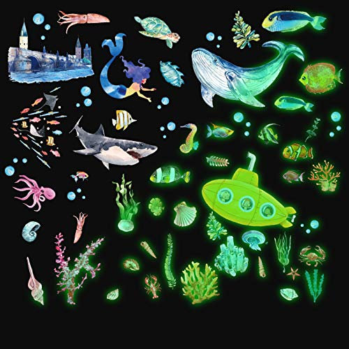 Outus 63 Stück im Dunkeln Leuchtende Wandaufkleber für Meer Fluoreszierende Aufkleber mit Meeresmotiven Meereswelt Kreatur Aufkleber Leuchtendes Unterwasser Tierwanddekor für Kinderzimmer