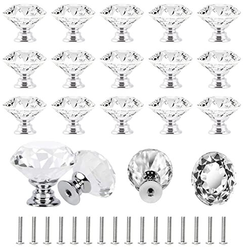 Bateya 16 Stück 30mm Kristall Türgriff diamantenförmige Schubladenknöpfe aus Glas Griffe mit Schrauben für Kleiderschrank Schrank Kommode Möbel (klar silberner Sockel)