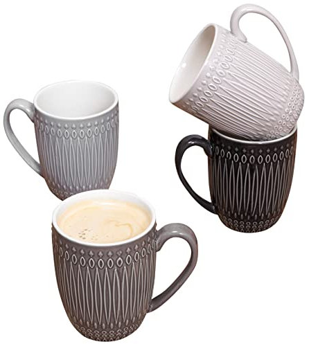 Set of 4 Grey Scale Stoneware Coffee Mugs