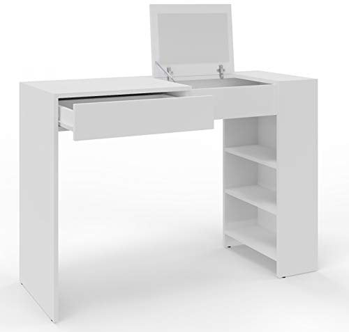 MATKAM Opera Maxi Schminktisch H 78 x B 114 x T 40 cm, mit ausklappbarem Spiegel H 21 x B 34 cm mit Ablage, 3 seitliche Ablagefächer, 1 Schublade, aus laminierter Holzspanplatte (Weiß)