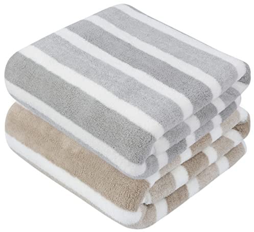 KinHwa Mikrofaser Badetuch groß XXL 76cmx152cm 2 Pack Gestreiftes Badehandtuch schnelltrocknend & fusselfrei Duschtuch Saunatücher Weich & saugfähig Microfaser Handtücher Reisehandtuch Hellgrau+Braun