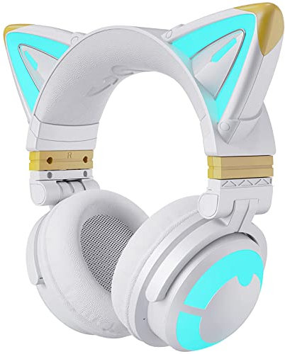 YOWU RGB Cat Ear Headphone Wireless 5.2 Foldable Gaming Headset with SoundMage Acoustic System, Built-in Mic & Customizable Lighting and Effect via APP, Designed for Gamer Girls (3G, White)