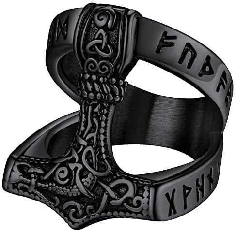 FaithHeart Viking Thor Hammer Ring Norse Mjolnir Jewelry Black Plated Nordic Rune Finger Rings for Men Size Y Mythology Gifts for Valentines Day Fathers Day
