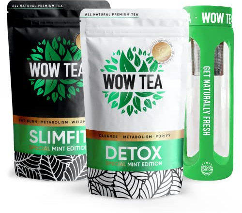 WOW TEA: Happy Belly Box - Mint Detox and SlimFit Tea with Green Infuser Bottle