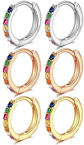 LIHELEI Orecchini Donna Argento 925, Orecchini Cerchio, Set Orecchini, Orecchini di Cartilagine con Zirconia Cubica AAA, Orecchini Cerchio Piccoli Anallergici-3 Paia Argento/Oro/Oro rosa