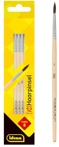 Idena 90090 - Pinceaux de poils, taille 8, avec manche en bois non verni, set de 12, Pinceaux de peinture pour écoliers Hobbykünstler