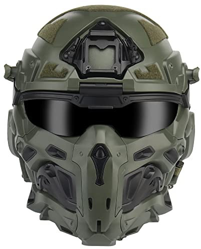 All-In-One Airsoft Full Face Mask Tactical Helmet With Built-in Tactical Headset, Anti-Fog Fan, Visor Sliding Goggles for Military Airgun Cosplay CS Paintball Hunting (Green)