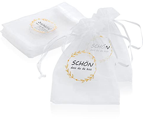 25 Stück Organzabeutel Schön DASS Du Da Bist Hochzeit Organzasäckchen 10 * 15cm Geschenkbeutel Organza für Hochzeit Taufe Kommunion Gastgeschenke
