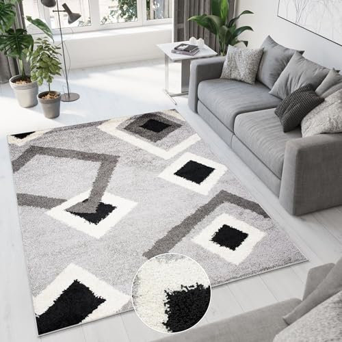 TAPISO Delhi Teppich Shaggy Hochflor Langfloorteppich Grau Schwarz Raute Figuren Wohnzimmer Schlafzimmer Modern Design ÖKOTEX 60 x 100 cm