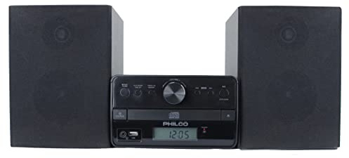 Philco Stereo Shelf Systems Tray Loading CD Player with Digital FM Radio, Bluetooth Streaming, Remote Control in Black | LCD Display | 3.5mm Headphone Jack | MP3 & AUX Port Compatible