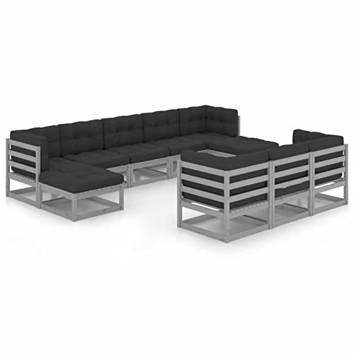 XIAOGUANG 10-TLG. Garten-Lounge-Set mit Kissen, Balkonmöbel, Balkon Möbel, Garten Möbel, Gartenlounge, Balkon Lounge, Balkon Sitzgruppe, Grau Kiefer Massivholz