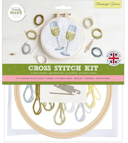 Simply Make docrafts Cross Stitch Hoop Embroidery Kit, Champagne Glasses, DIY Make Your Own Craft Set, for Adults, Older Children, Kids, Beginners, Experienced Crafters, Perfect Hobby